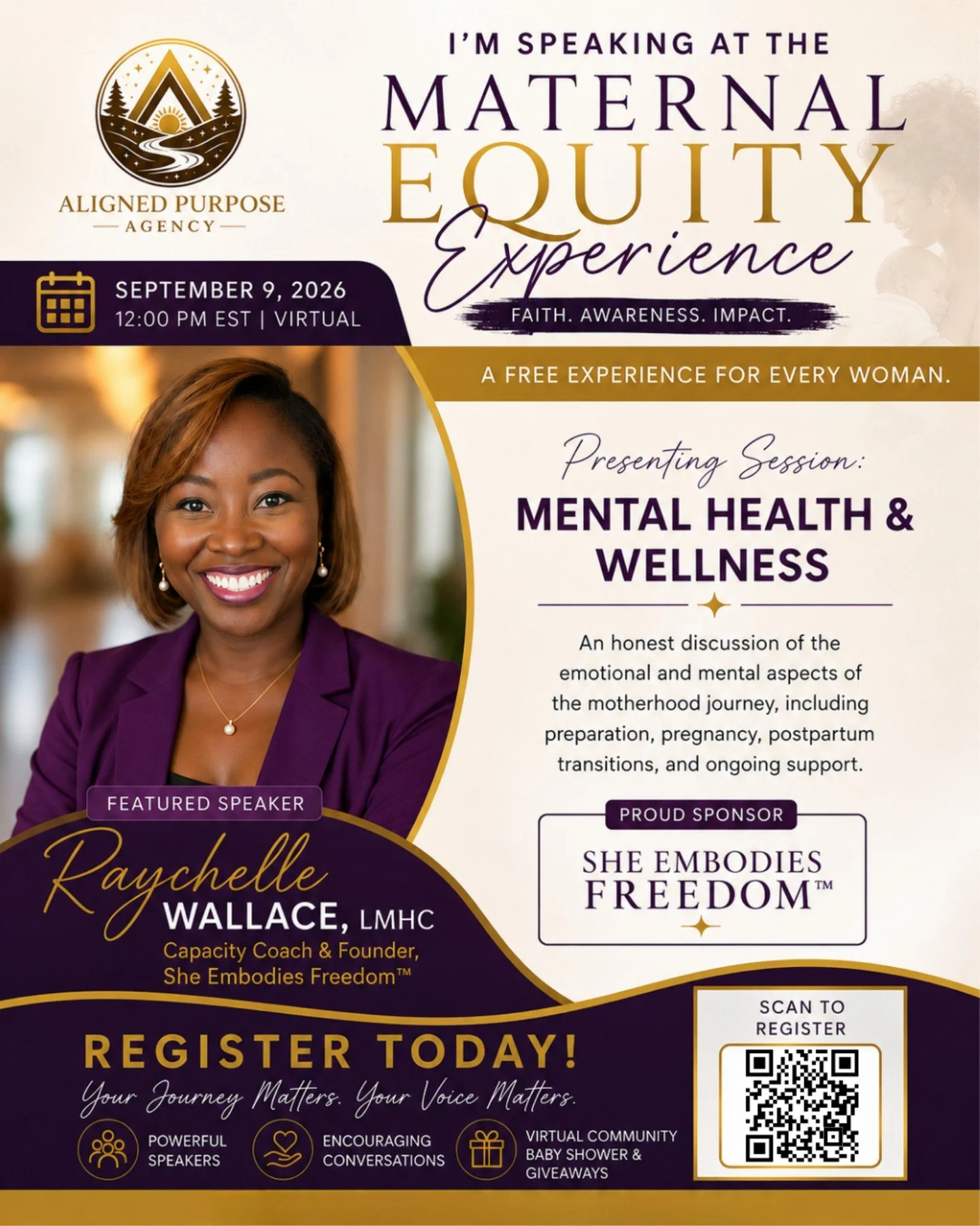 I&rsquo;m honored to be a speaker at the Maternal Equity Experience: Faith. Awareness. Impact. hosted by @alignedpurposeagency on September 9th&mdash;a FREE virtual experience creating space for meaningful conversations around maternal health, wellne