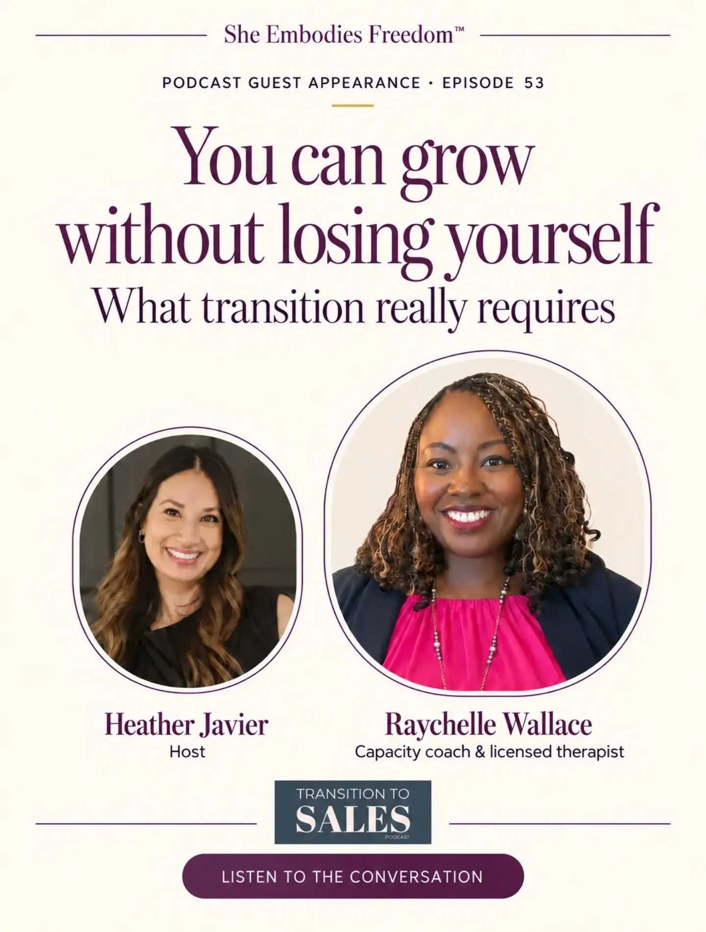 You can want more for yourself and keep showing up for the people you love.

I joined Heather Javier (@beaboutitcoach) on Transition to Sales to talk about making room for yourself as you grow.

As a capacity coach and licensed therapist, I help wome