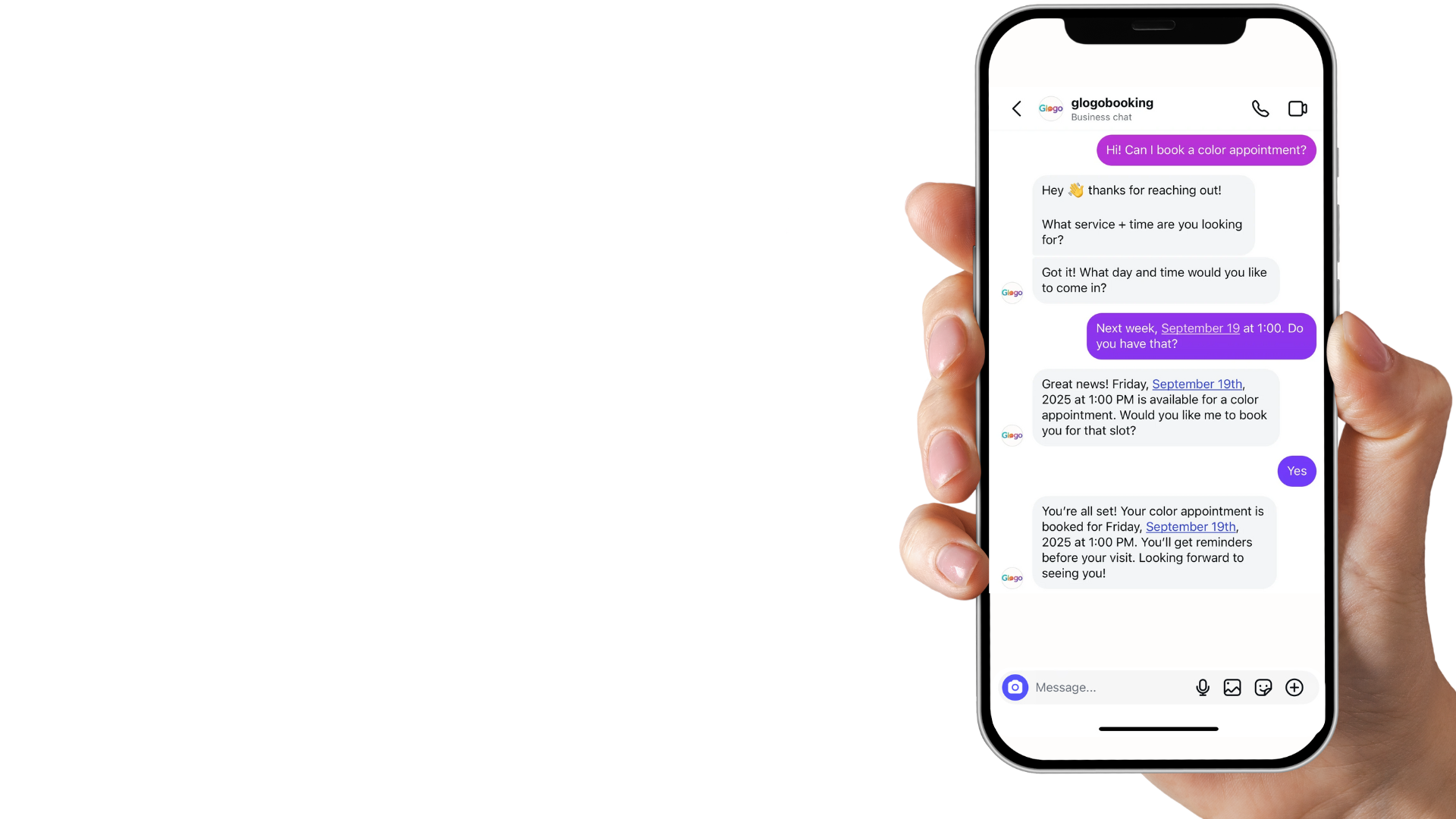 Hand holding a smartphone displaying a chat conversation about booking a color appointment, with messages discussing the date, time, and confirmation of the appointment.