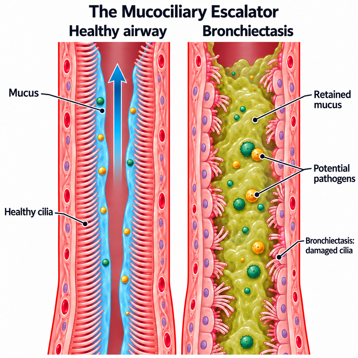 graphic of the mucociliary esclator to demonstrate that there is mucus accumulation in bronchiectasis