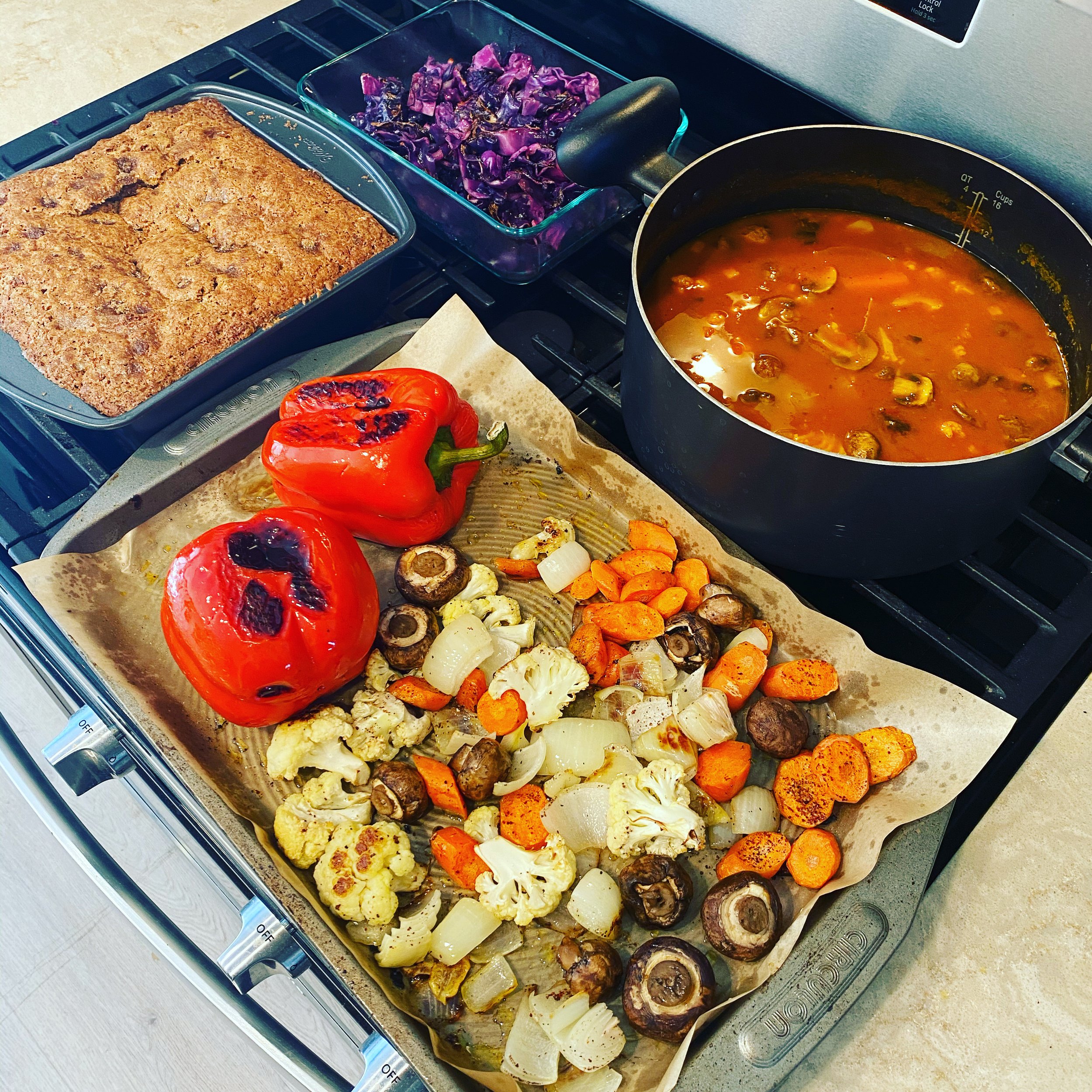 Nutrient-dense meal of lentil soup, roasted vegetables and protein to support healing with bronchiectasis and NTM