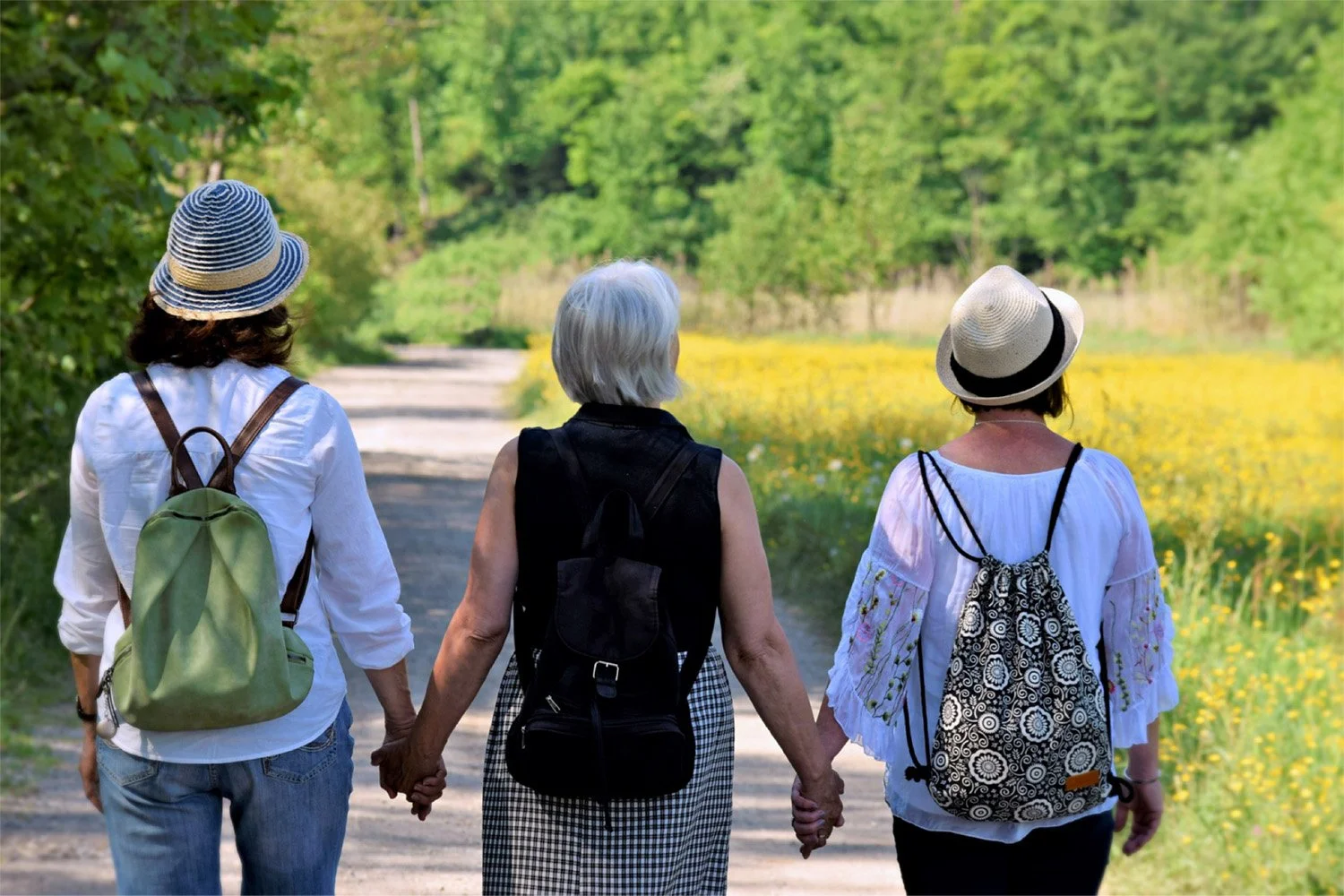 the backs of three women wearing backpacks and holding hands while walking on a path