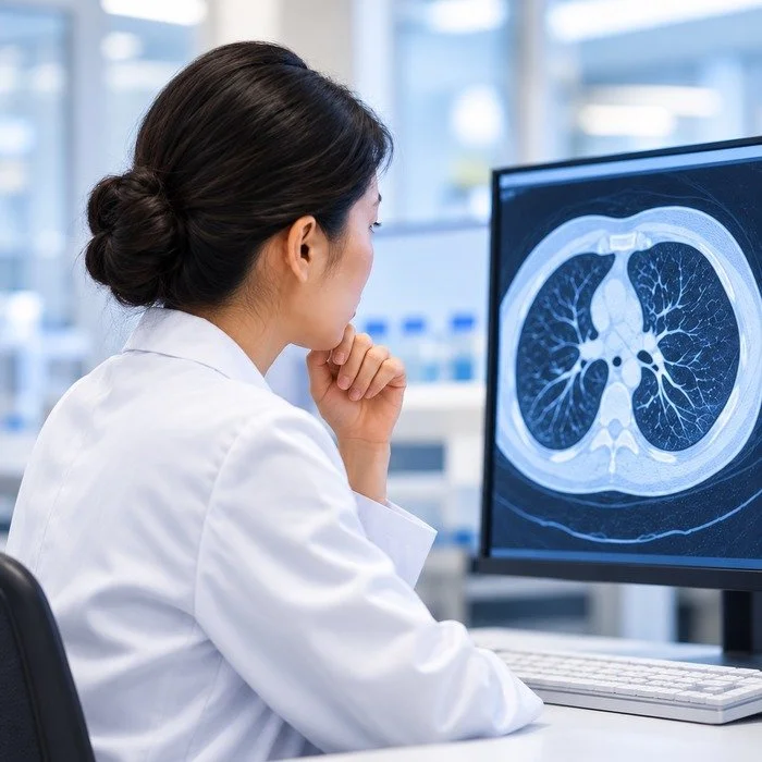 chinese female doctor looking at CT scan of bronchiectasis in lungs