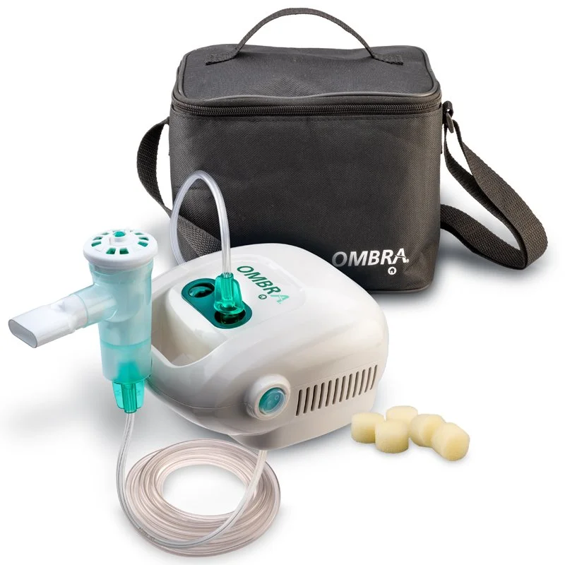 Ombra nebulizer jet compressor system shown with two AeroEclipse nebulizing cups used for inhaled therapy.