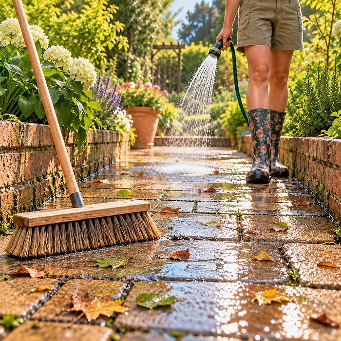 Wet walkway with leaves, a hose and a broom. An analogy for why airway clearance is important with bronchiectasis