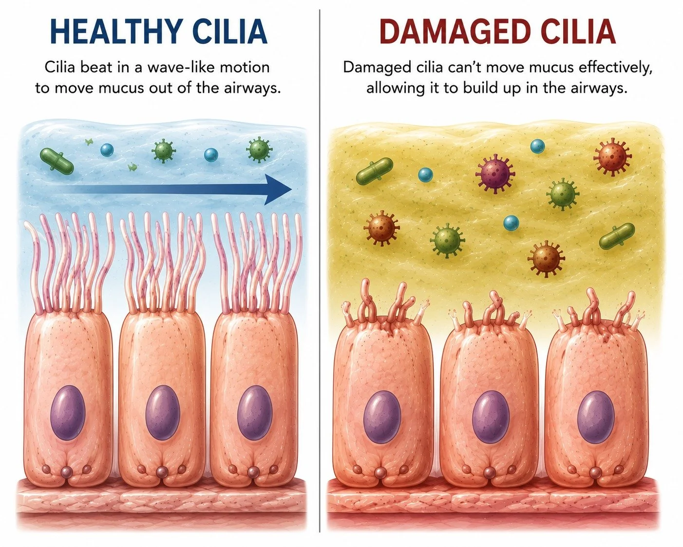 healthy cilia and mucus and PCD cilia with sputum