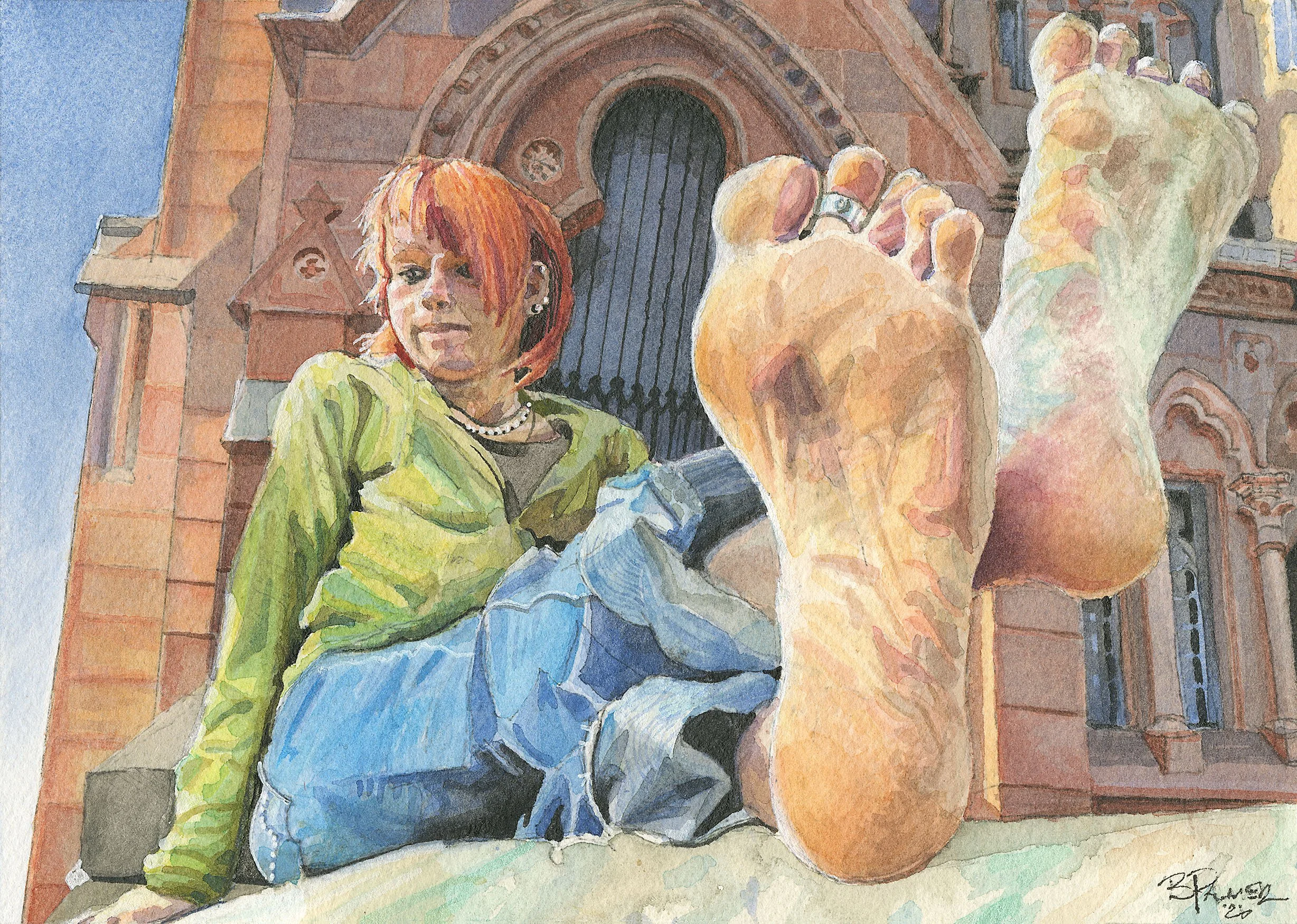 Barefoot through Europe | Woman at Cathedral | Original Figurative Watercolor | Cathedral Steps
