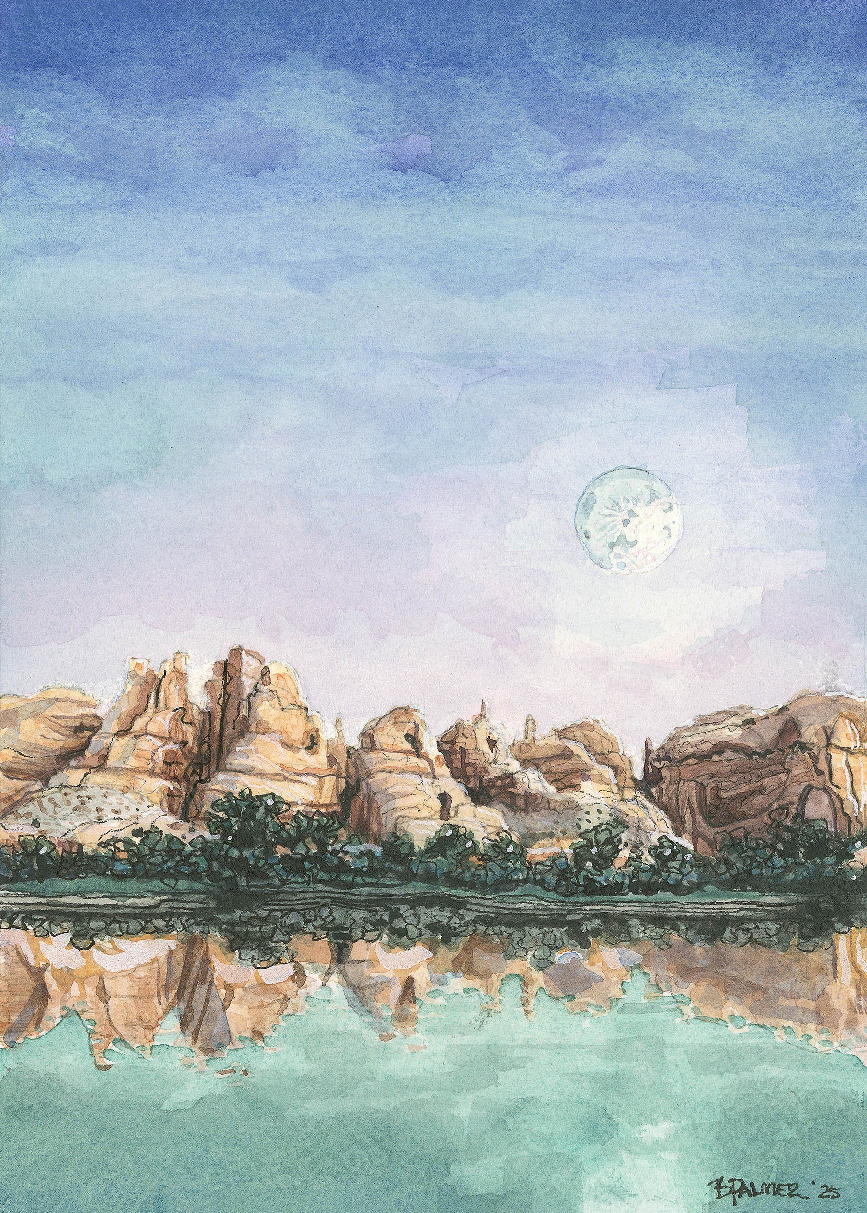 Watercolor paiting of the Colorado river near Moab Utah. Soft, cool tones set against the warm red rocks overlooking the river.