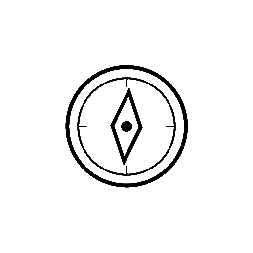 A black and white outline of a compass rose symbol, indicating navigation or direction.