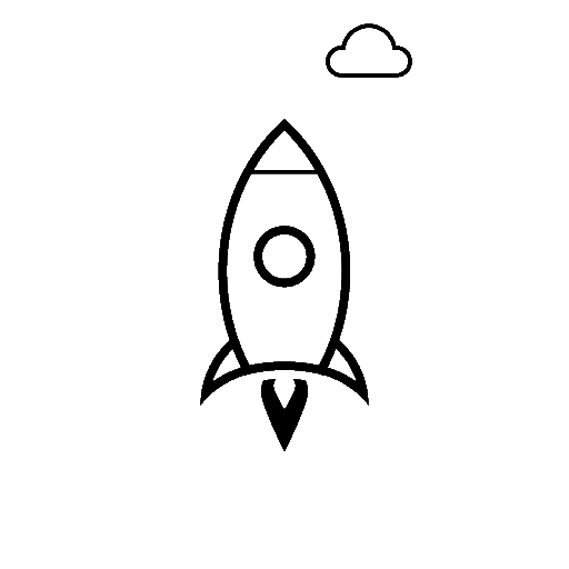Simple line drawing of a rocket ship with a cloud above it.