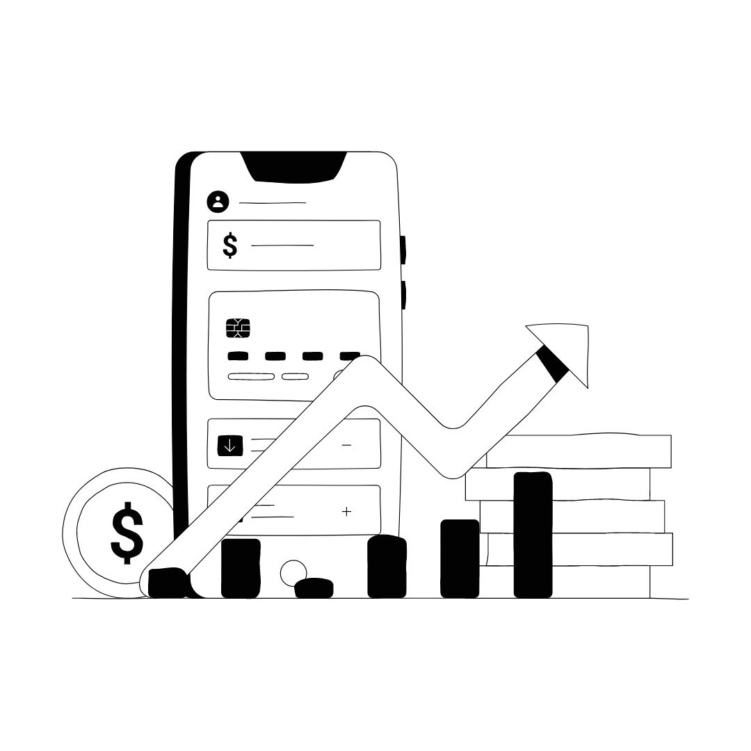 A smartphone displaying a financial app with a dollar sign, a credit card, and a user profile icon, surrounded by a rising bar graph, coins, and stacked blocks symbolizing financial growth and investment.