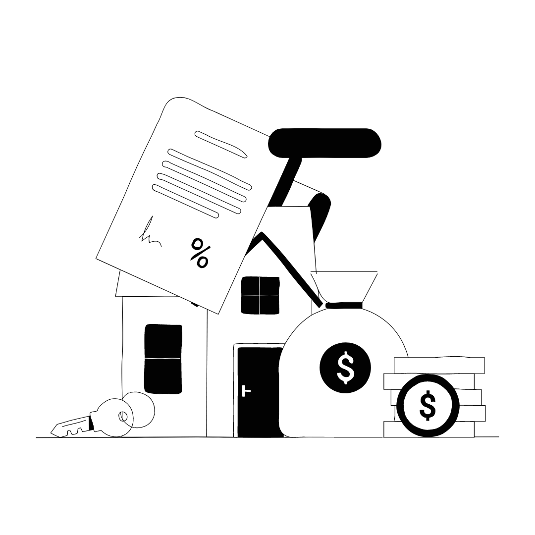 Outline drawing of a house with a key, a bag of money, a stack of coins, a paper with a percentage sign, and a house key.