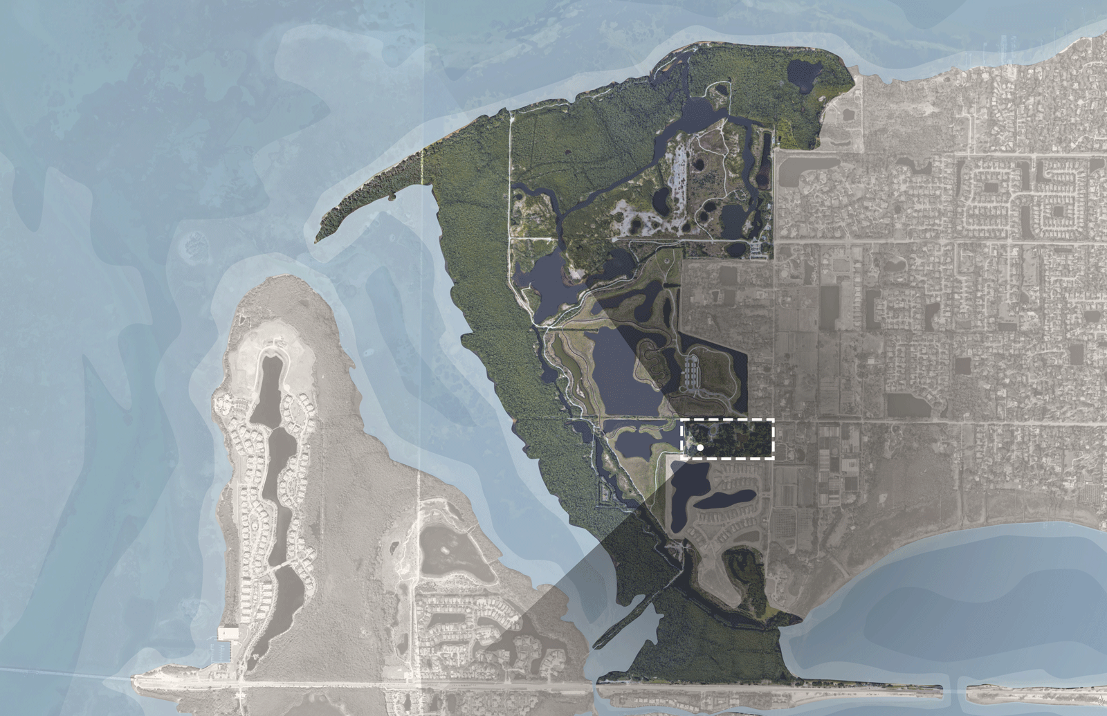 Large map of total area that situates Robinson Nature Preserve in the land from an aerial view