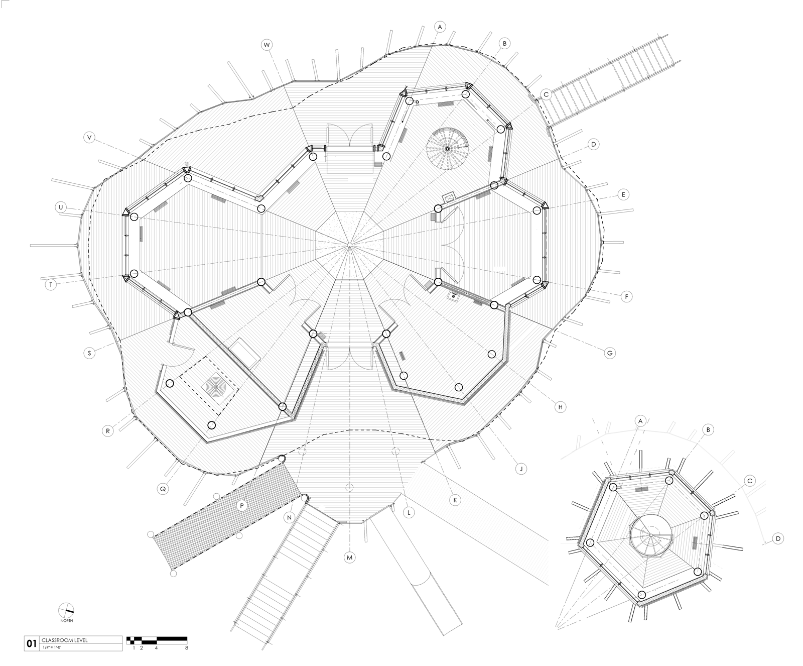 Aerial view of building design that showcases the central octagon and pinwheeling pentagons