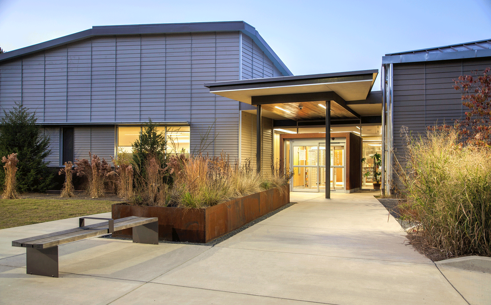 Modern and open design entrance to library for published article highlighting design excellence