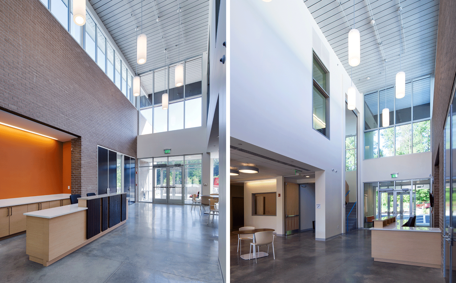 Dual images of lobby entrance with high ceilings, natural light, and modern finishes