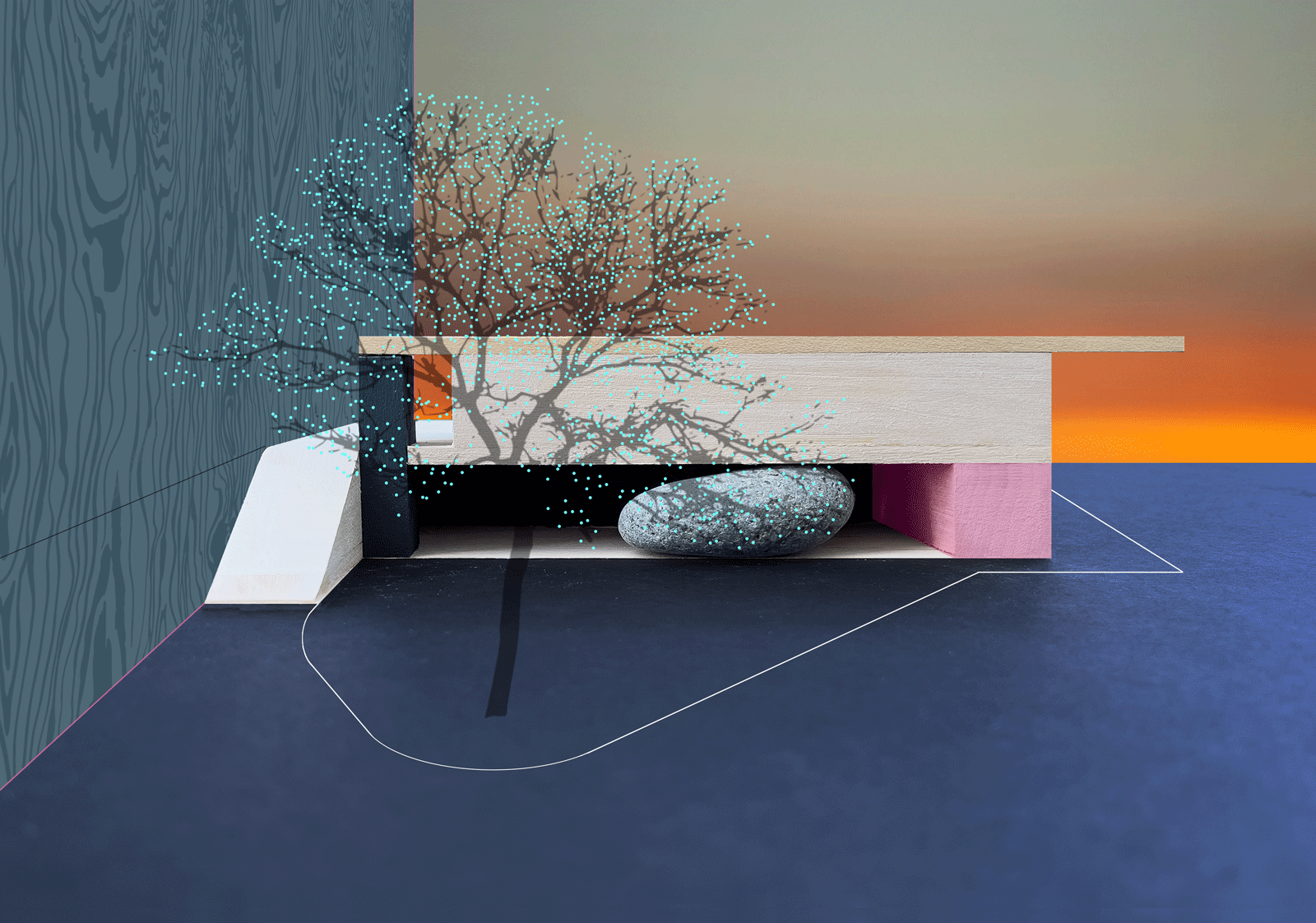 Physical model and rendering of art gallery in the landscape with natural elements