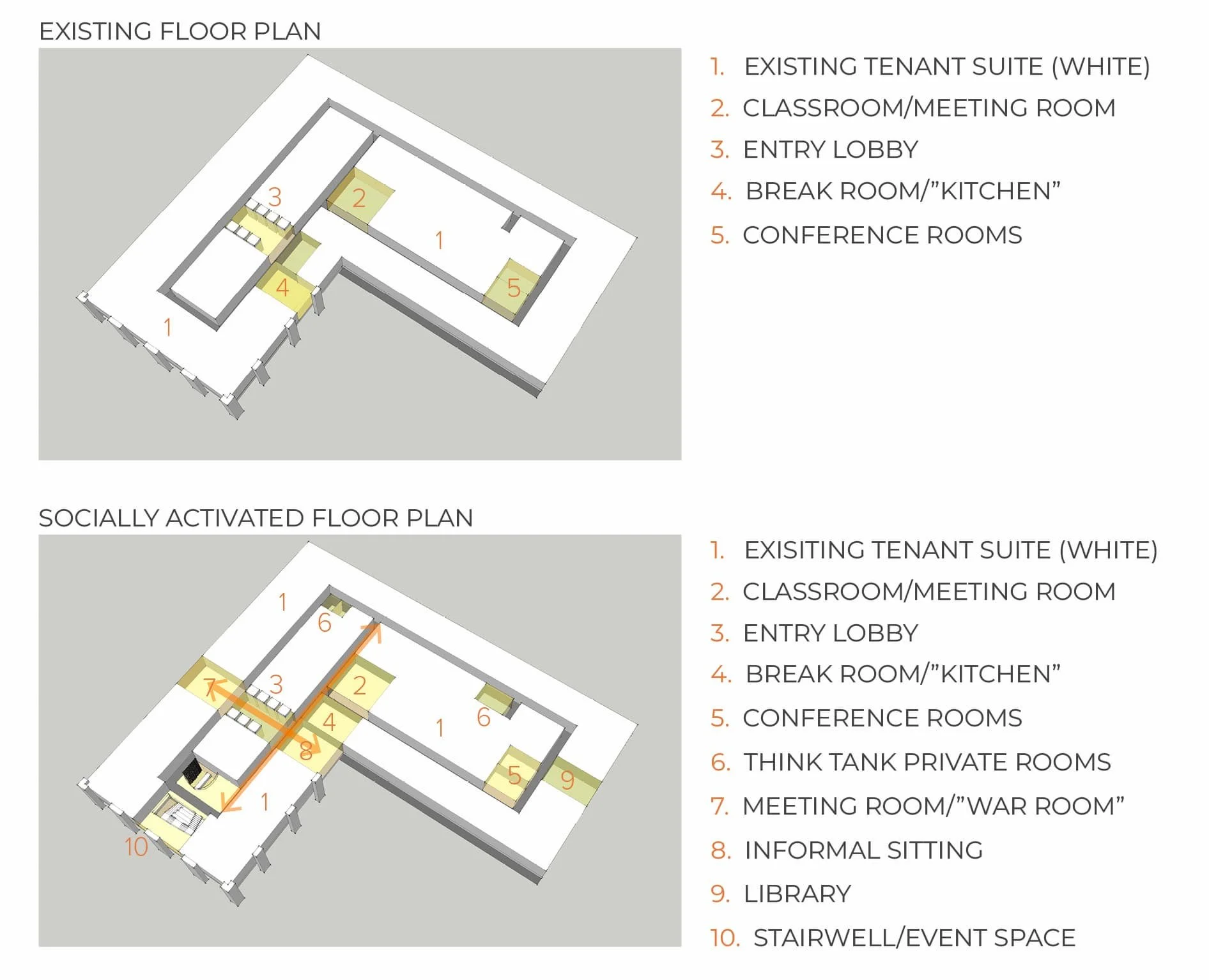 Diagram comparing original and renovated socially active floor plan