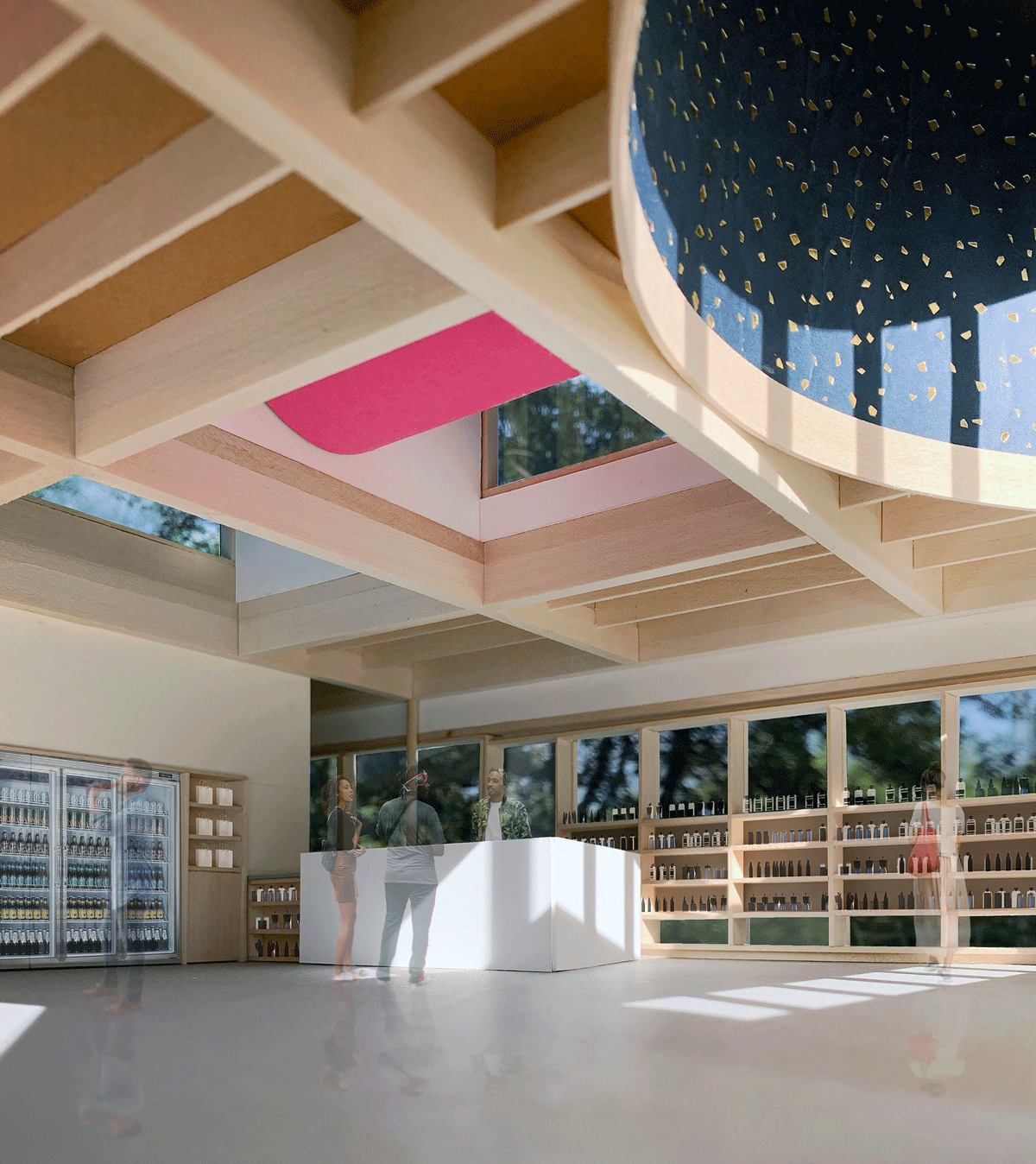 Interior of modern and innovative retail space that is clean and bright and colorful