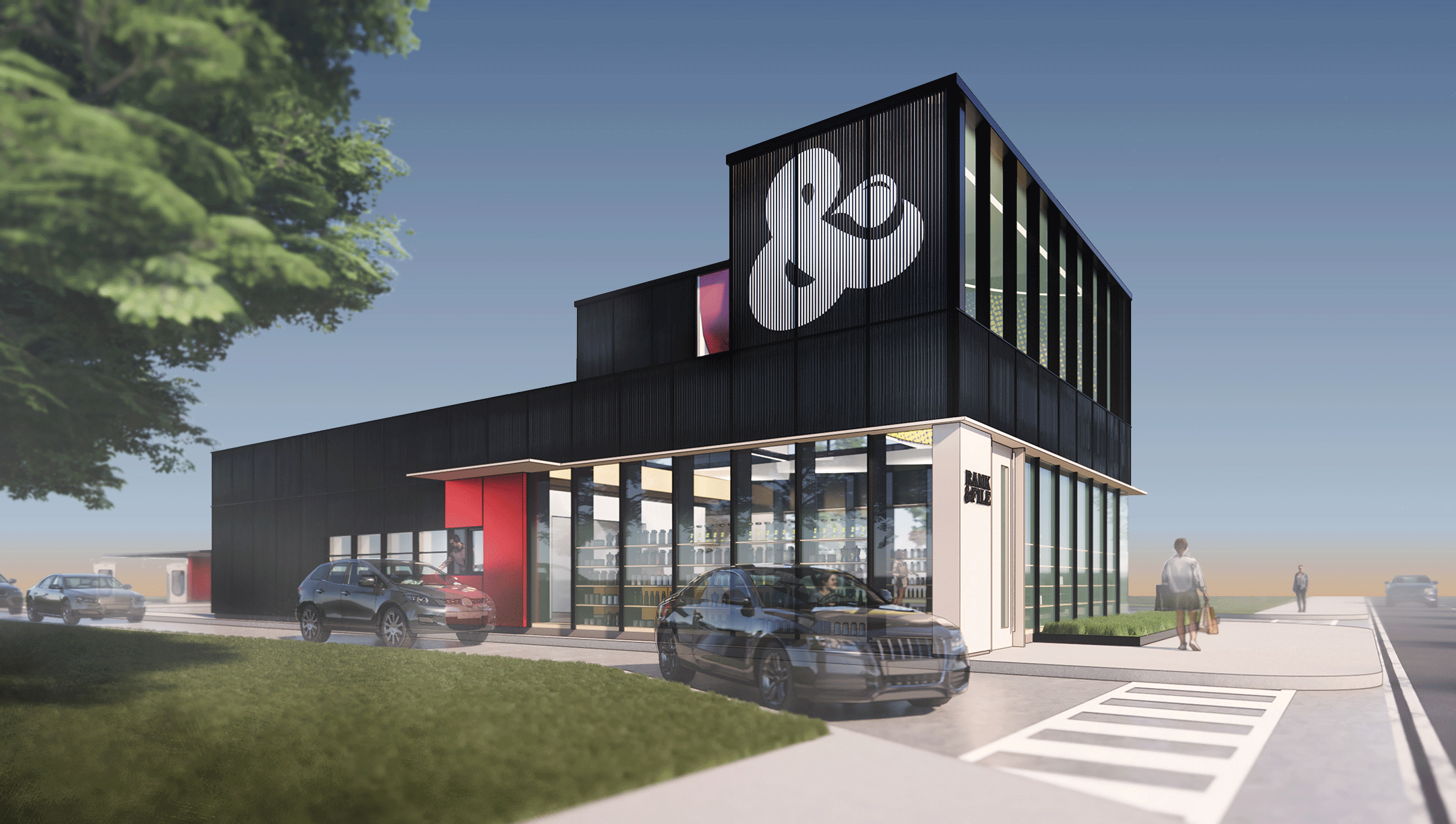 Drive-thru lane at modern restaurant and retail space