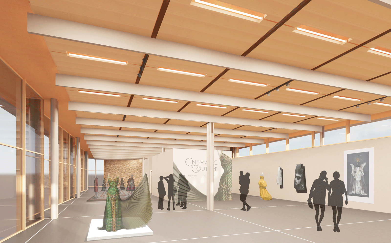 Interior gallery space rendering with high ceilings and large glass windows