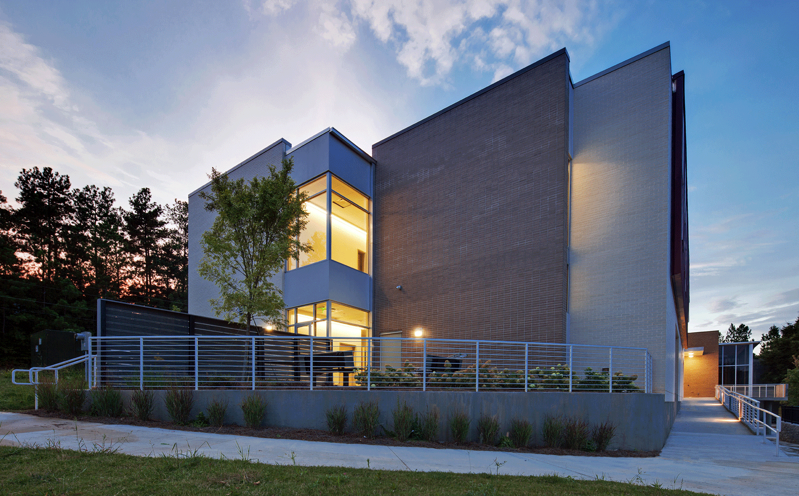 Modern building exterior at dusk
