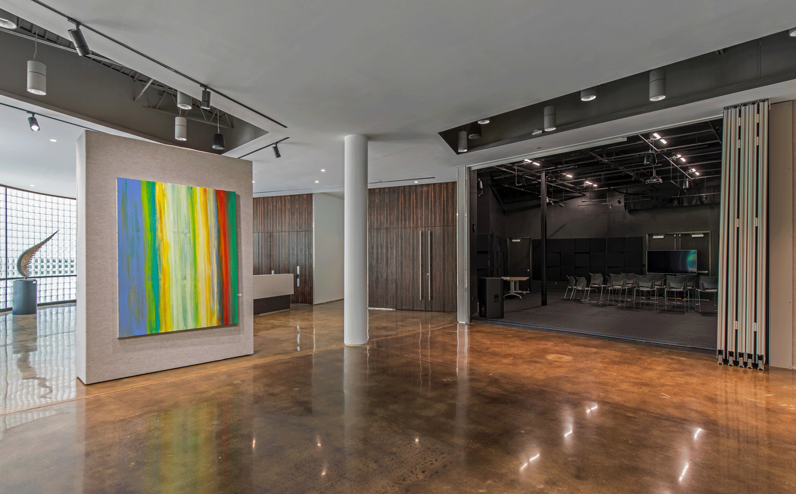 Modern art on portable art wall in gallery space