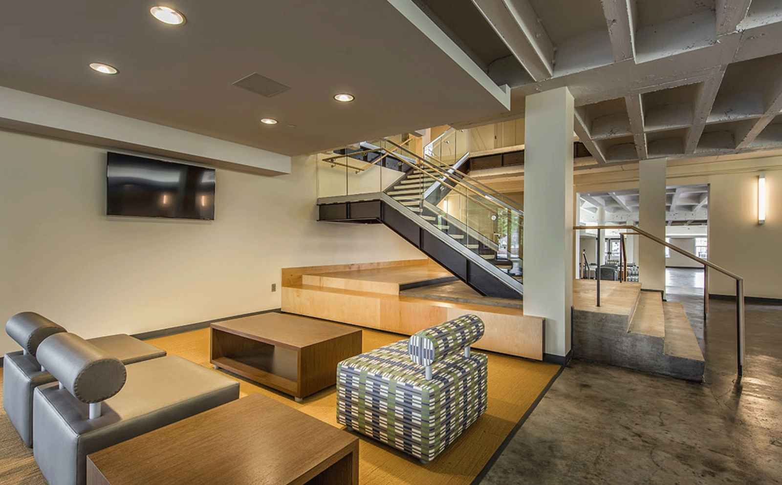 Student gathering and sitting area in basement area of academic building