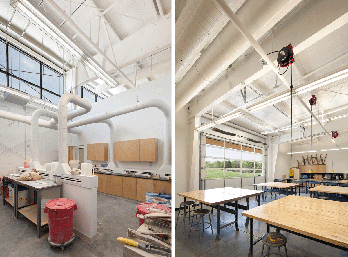 Workspaces and art rooms with large windows and natural light in studio arts building