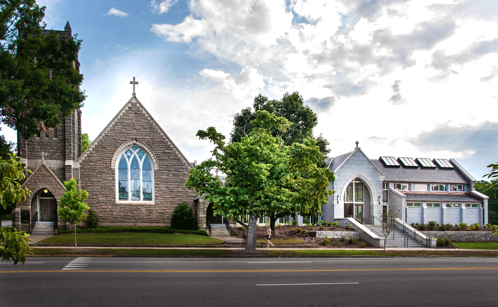 View of both original and additional worship space exteriors
