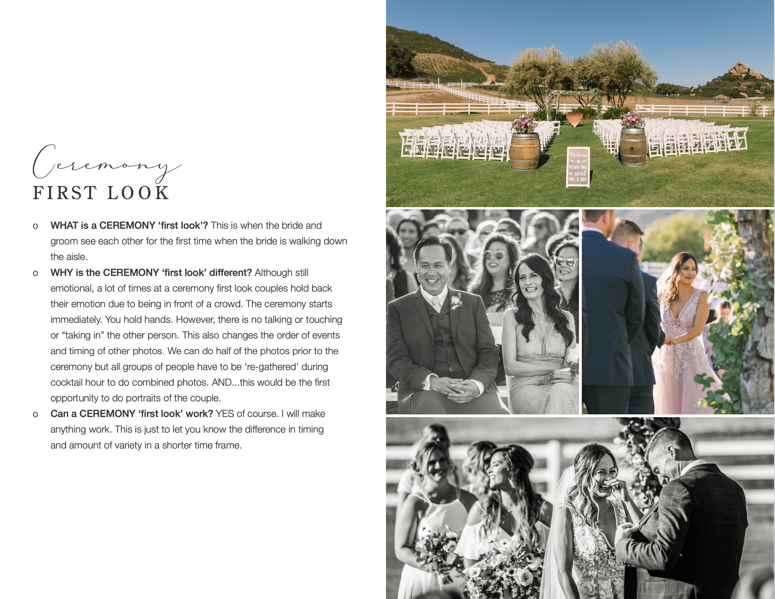 An outdoor wedding ceremony setup with white chairs arranged in rows facing a small altar with trees and hills in the background. Three photos show a wedding ceremony, including a smiling couple and a woman in a lacy dress exchanging vows.
