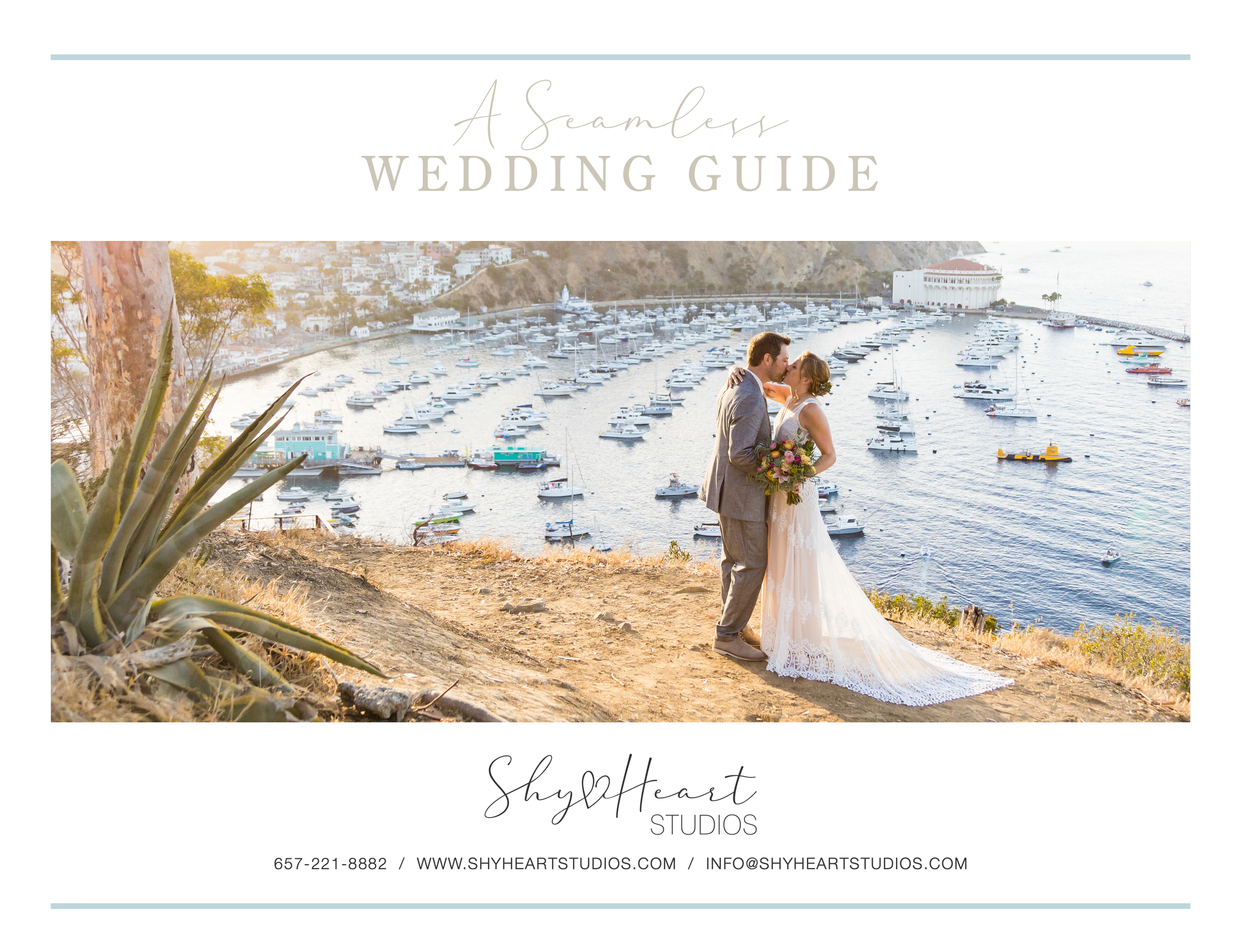 A wedding guide cover with a photo of a bride and groom kissing on a hillside overlooking a marina filled with boats at sunset.