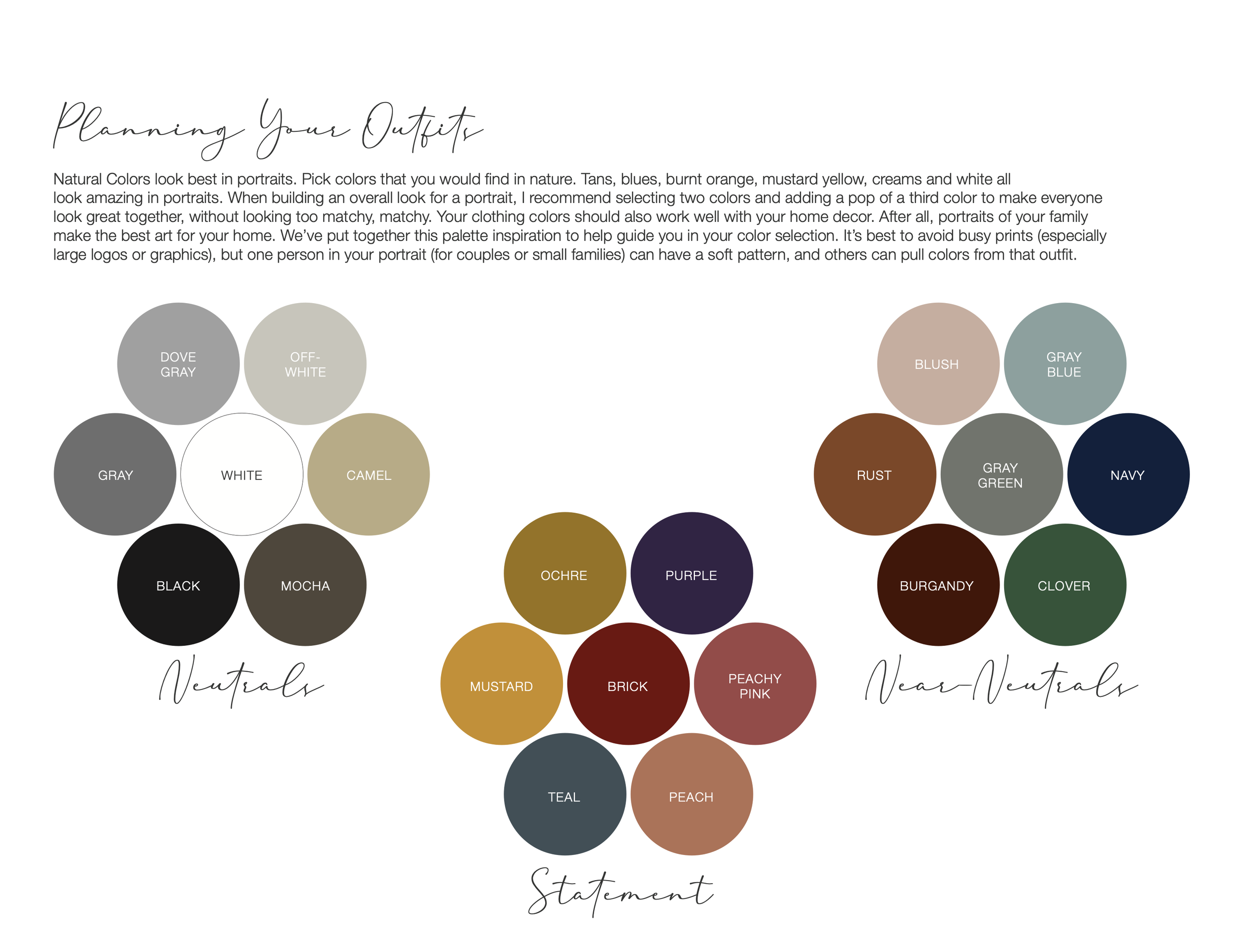 Color palette chart for outfit planning with three sections: Neutrals, Statement Colors, and Near-Neutrals. Neutrals include dove gray, off-white, gray, white, camel, black, and mocha. Statement colors include ochre, purple, brick, mustard, peachy pi