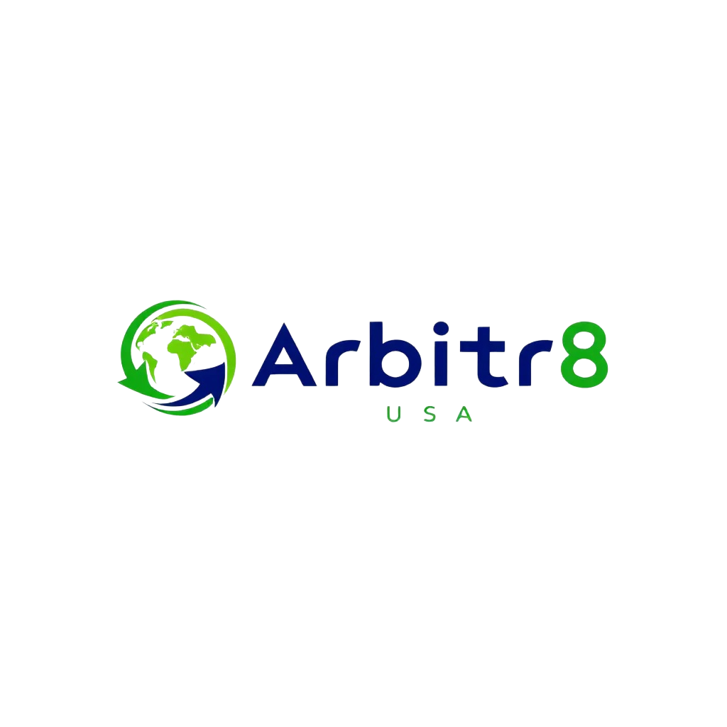 Logo for Arbit 8 USA with a globe and arrows, featuring blue and green colors.
