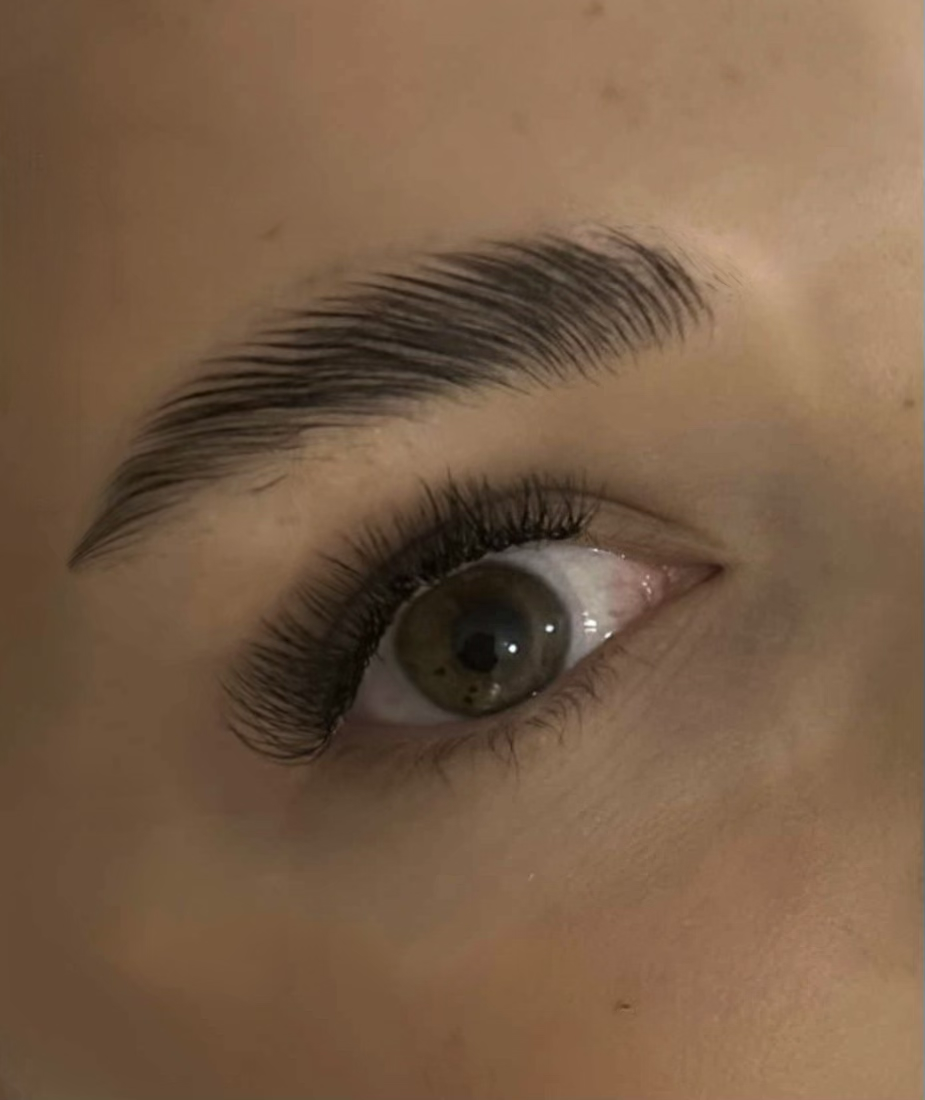 Close-up of a human eye with long eyelashes and well-groomed eyebrow.