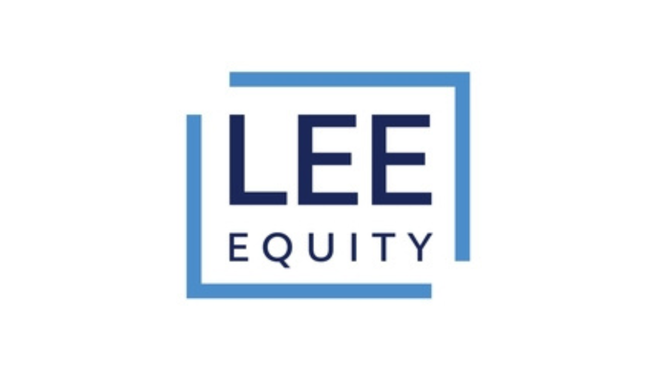 Logo for Lee Equity with blue geometric frame surrounding the text