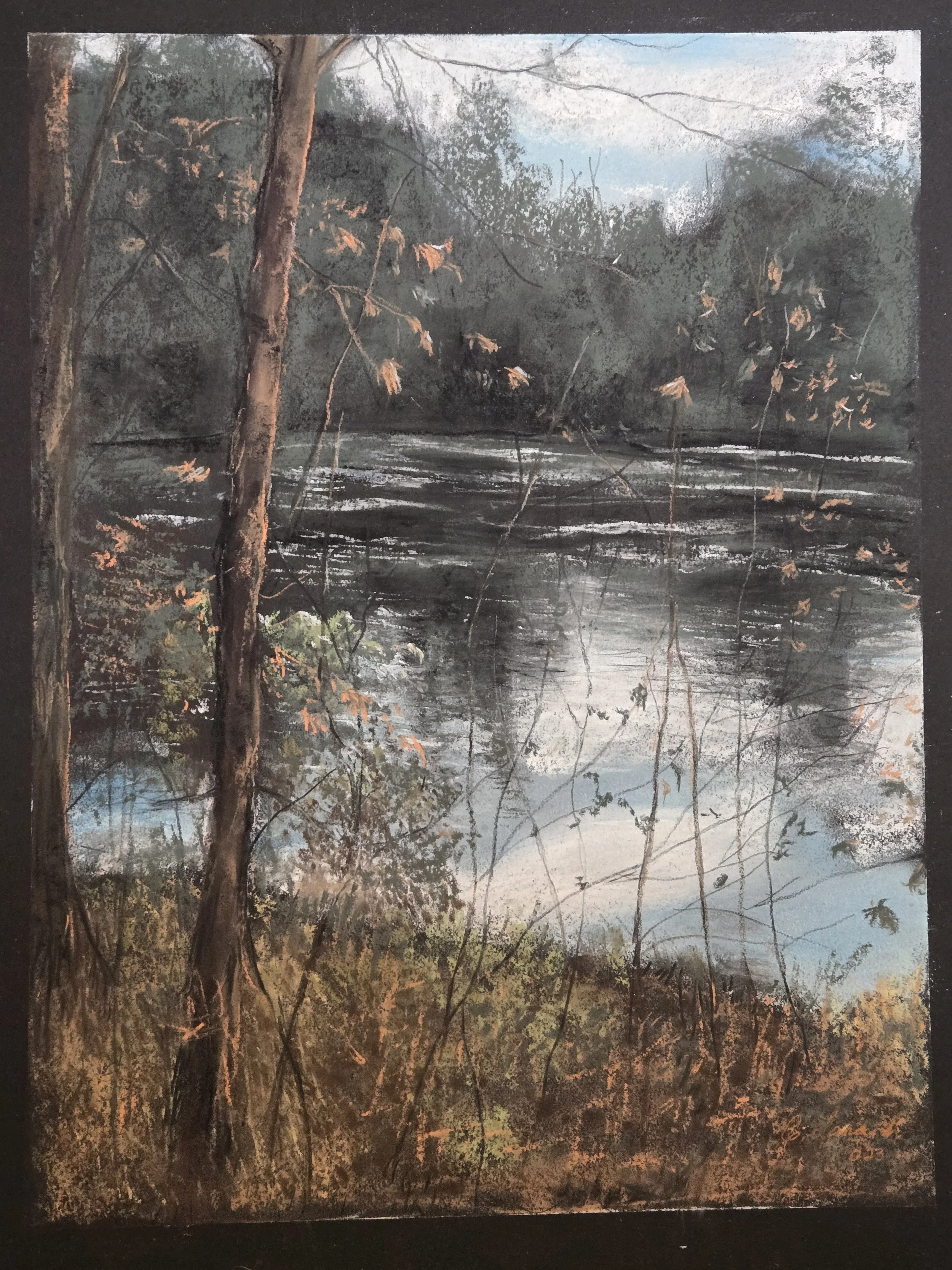 A painting of a lakeside scene with trees in the foreground, a body of water, and a cloudy sky in the background.