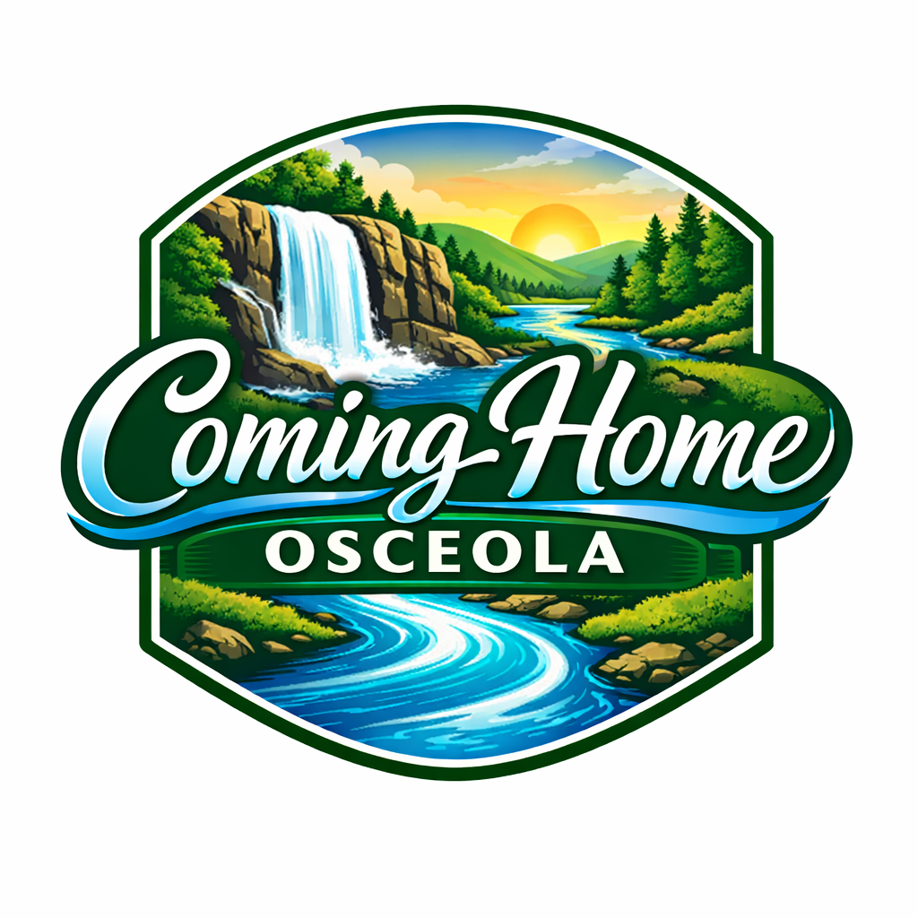 A scenic logo featuring a waterfall, river, green landscape, and sunrise with the text "Coming Home Osceola".