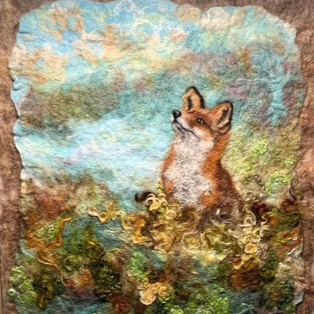 Watercolor painting of a fox sitting among colorful plants with a blue sky and clouds background.