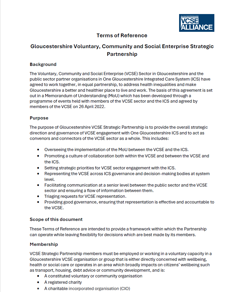 An image of the frontpage of the VCSE Strategic Partnership's Terms of Reference document