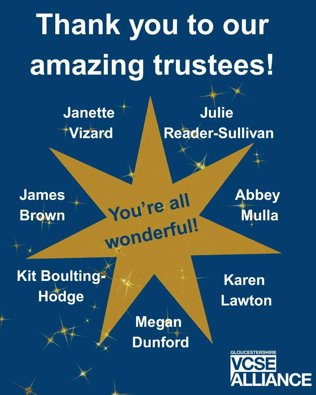 During Trustees' Week, we'd like to thank our own amazing trustees for their unwavering support, guidance and knowledge, and for just being really good sorts.

Thanks for everything you do... we truly appreciate it.

Julie Reader-Sullivan,  Kit Boult