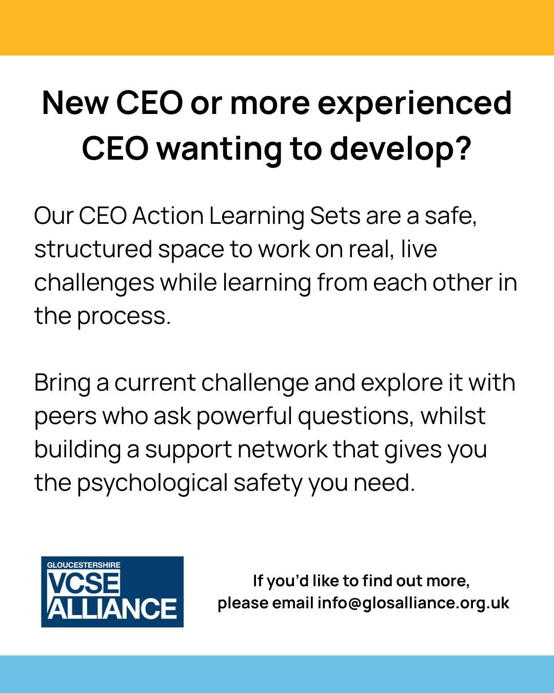 Are you a Gloucestershire VCSE sector CEO wanting to overcome problems and learn from others in a space where the challenges of your role are understood?

Facilitated by Anne Brinkhoff, our CEO Action Learning Sets are a safe, structured space to wor