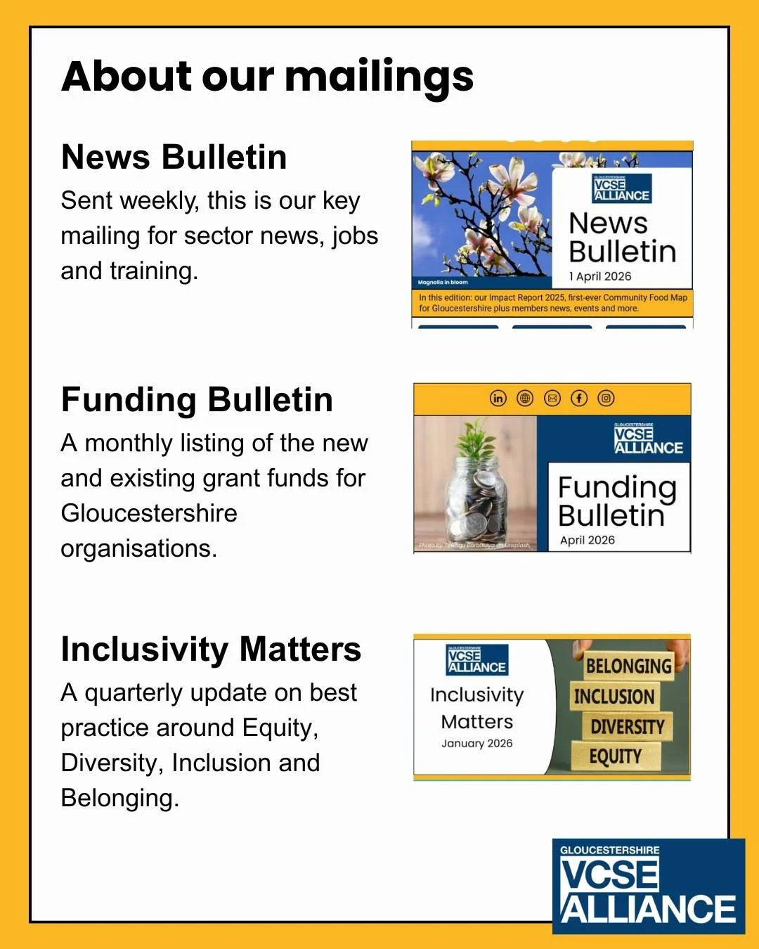 Would you like to find out more about our core mailings?

Our News Bulletin is a weekly round-up of the latest news, events, training, resources and jobs for VCSE organisations. It's a great way to both keep up-to-date with what's going on in the sec