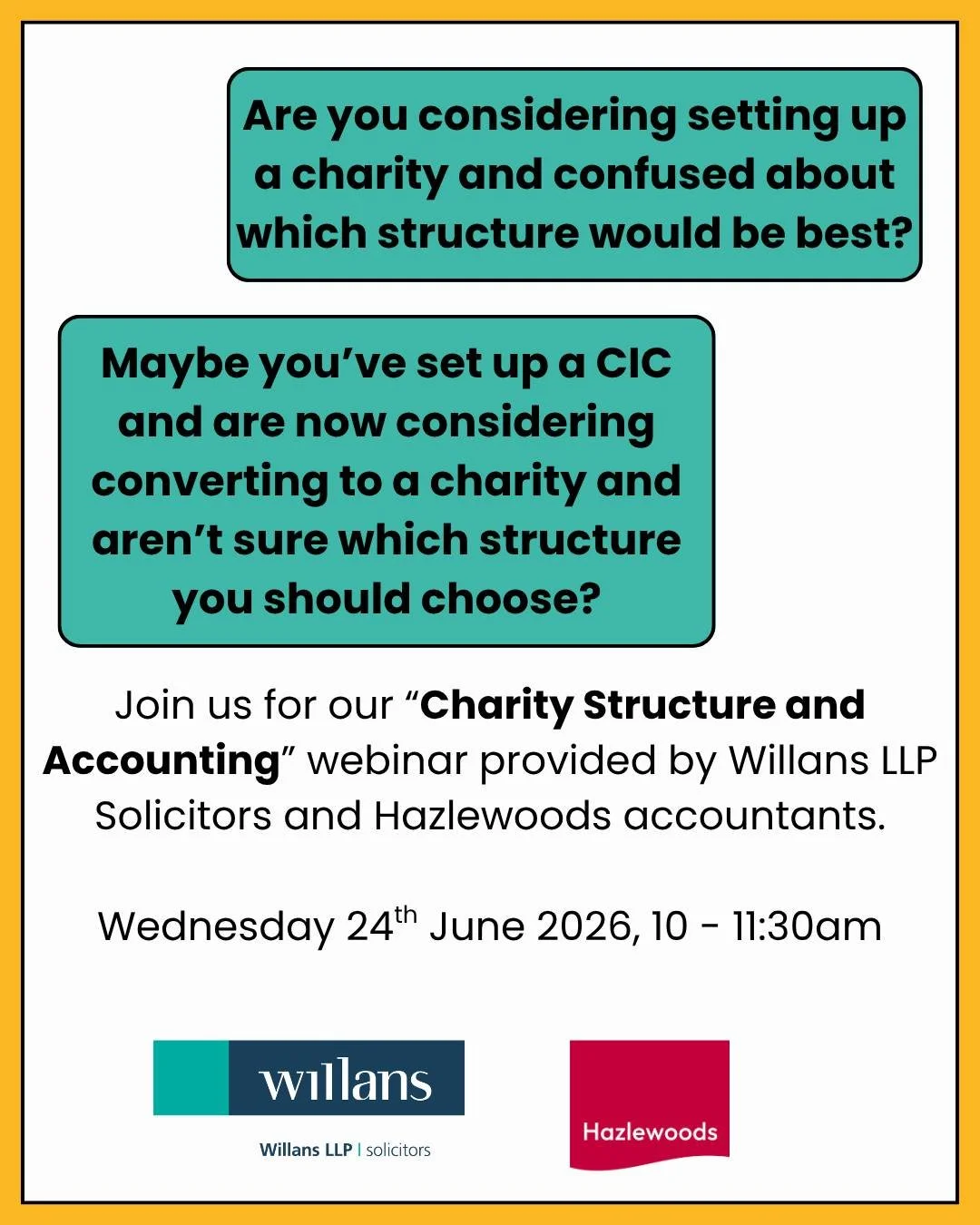 Are you considering setting up a charity and confused about which structure would be best?

Maybe you've set up as a CIC, and are now considering converting to a charity and can't decide which structure to choose?

Join us for our Charity Structure a