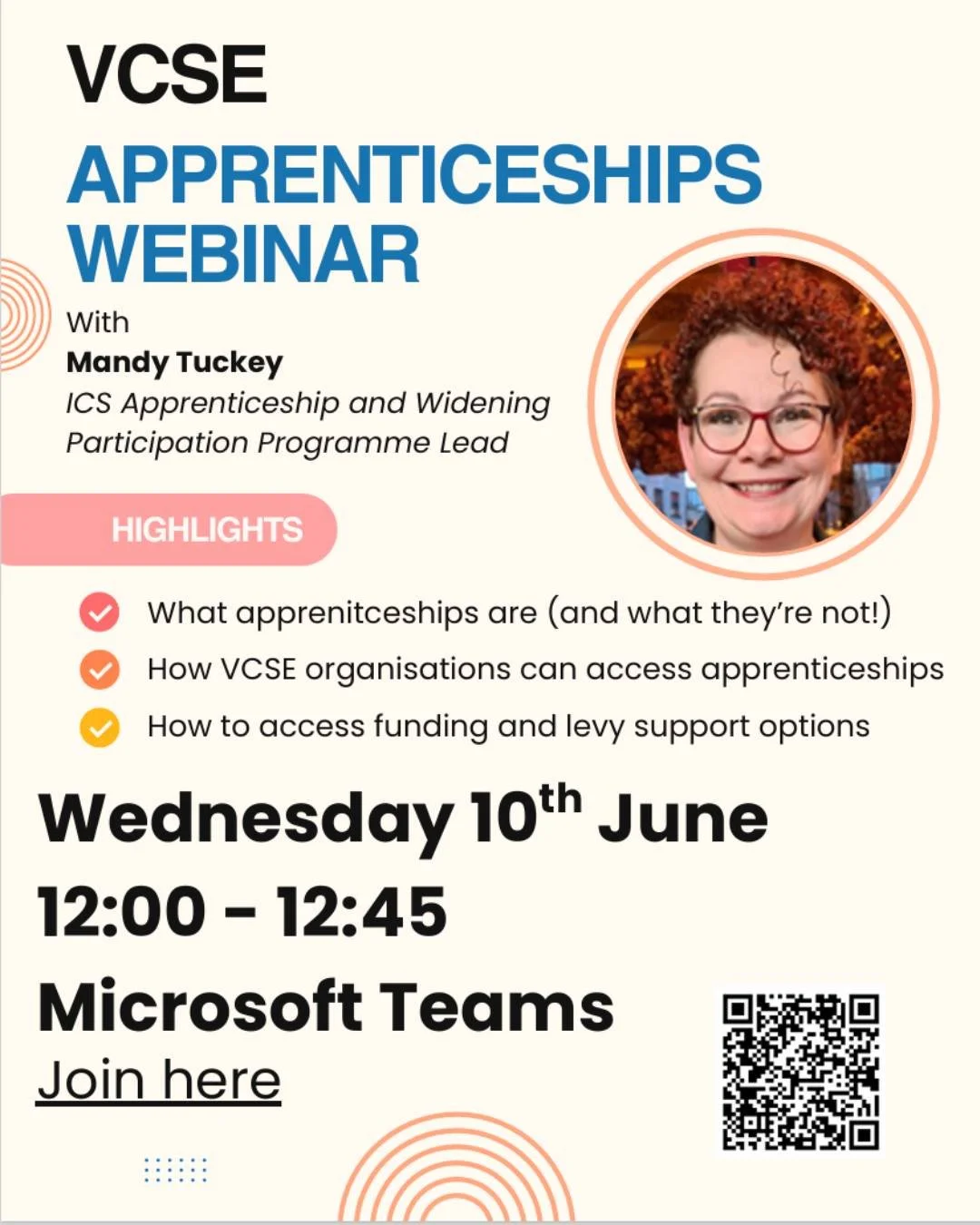 Would you like to find out more about how your VCSE organisation could benefit from apprenticeships?

Tomorrow (10 June) from 12:00 - 12:45, Mandy Tuckey (ICS Apprenticeship and Widening Participation Programme Lead) is hosting a webinar specially fo