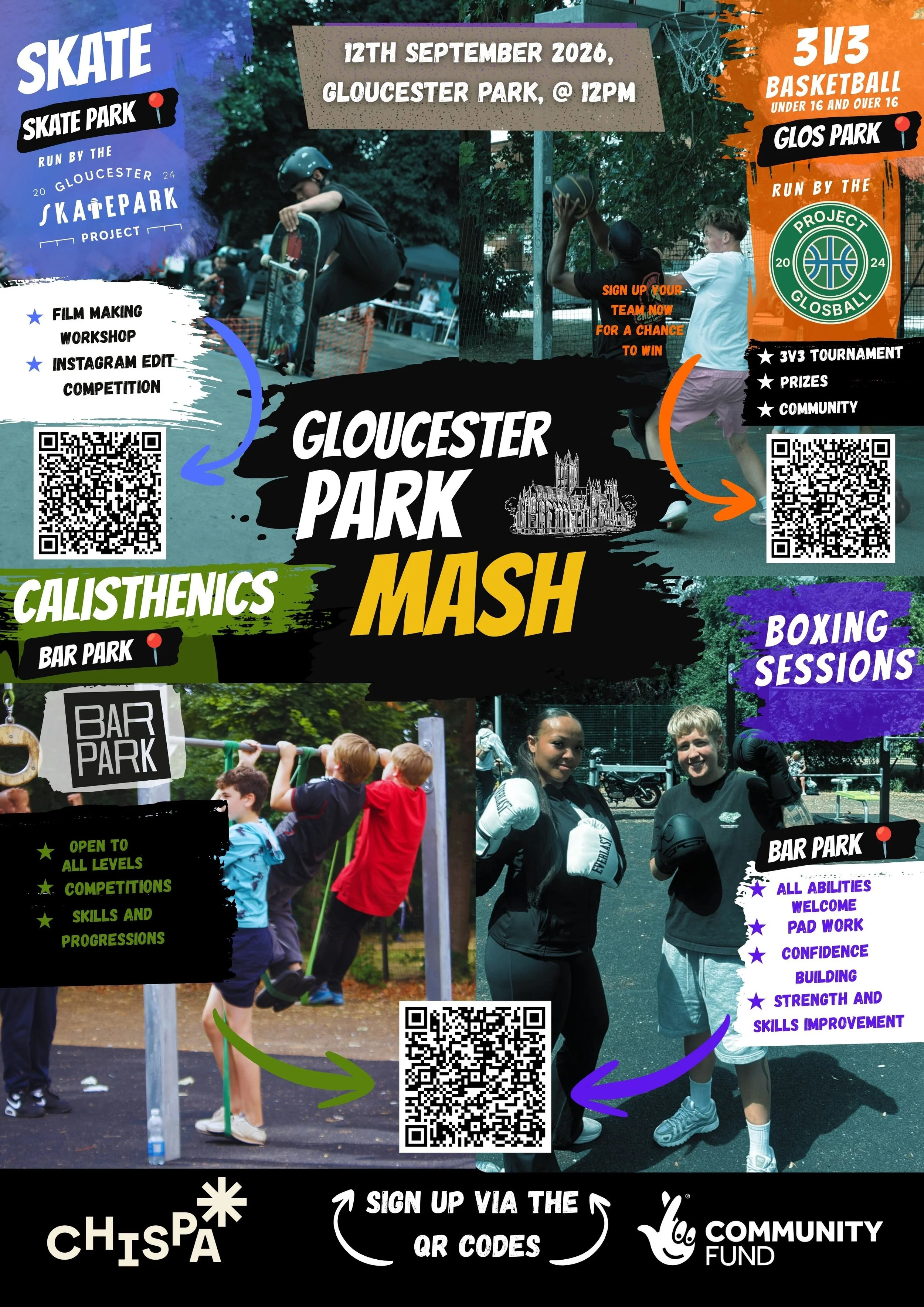 A poster advertising the Gloucester Park Mash on 12th September 2026, 12pm - 5pm at Gloucester Park. The poster mentions boxing sessions, calisthenics, basketball and skate sessions which can be signed up to via the displayed QR codes, or the link a