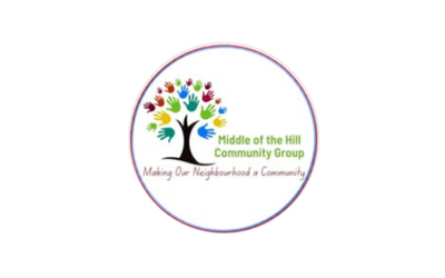 Logo for Middle of the Hill Community Group, featuring a tree with multicolored handprints as leaves and the tagline 'Making Our Neighborhood a Community'.