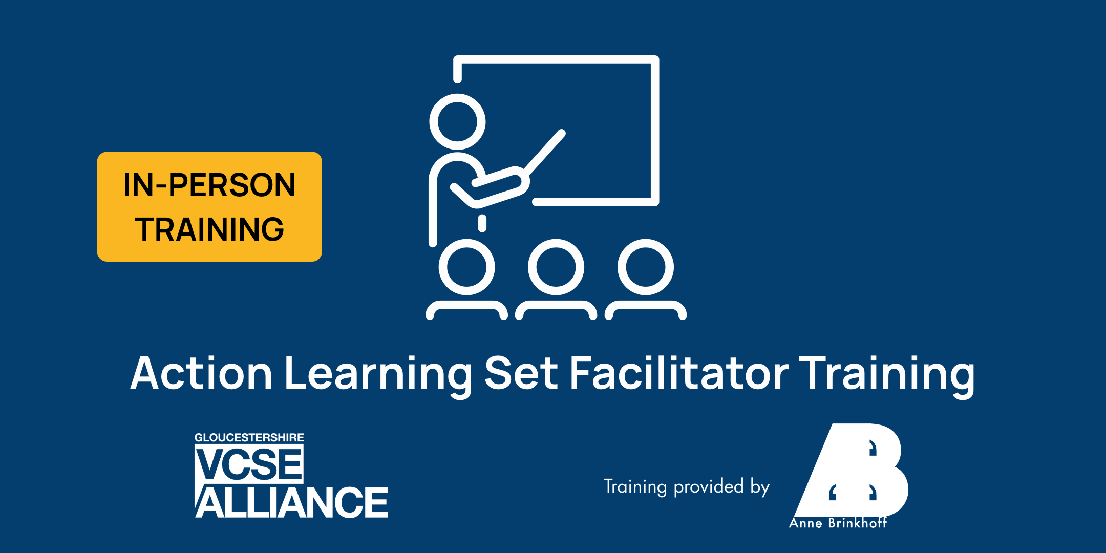 Shows an imae depicting a classroom along with the words "in-person training" and "Action Learning Set Facilitator Training".
