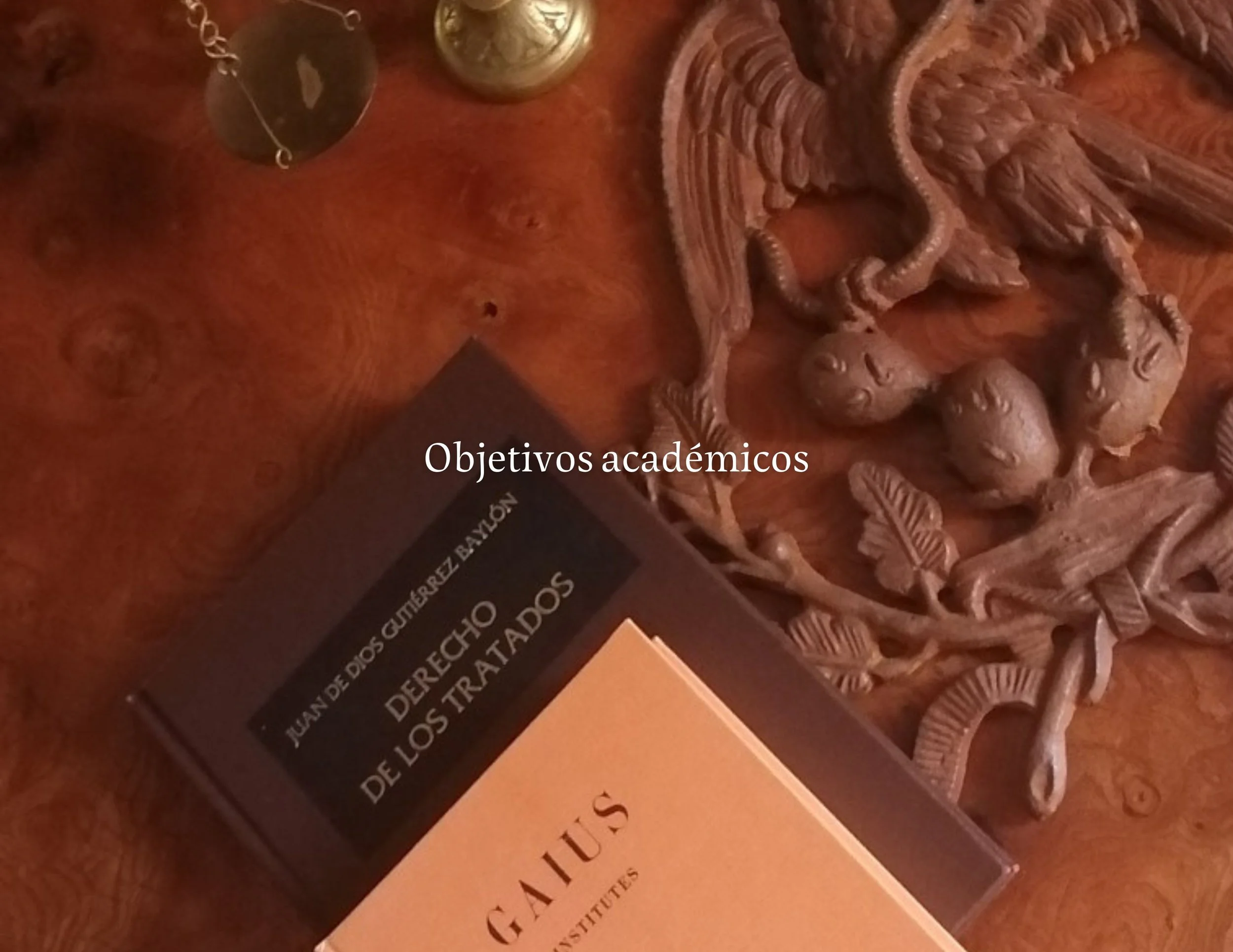 Libro titulado "Derecho de los tratados" de Juan de Dios Gutiérrez Bayón. Junto a una escultura de sapos y una pequeña escultura de lagarto en una mesa de madera.