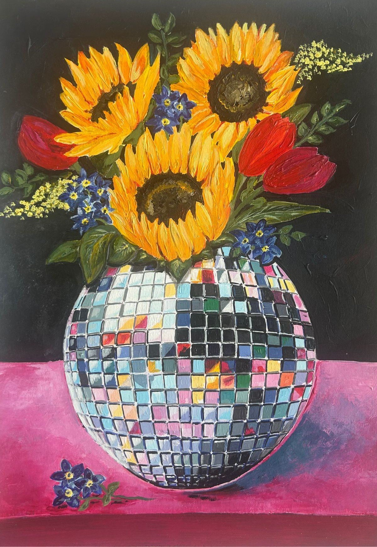 Sunflowers at the Disco - Original acrylic painting (A3) available framed £250 and 20 limited edition giclee prints (A4) £40 unframed
